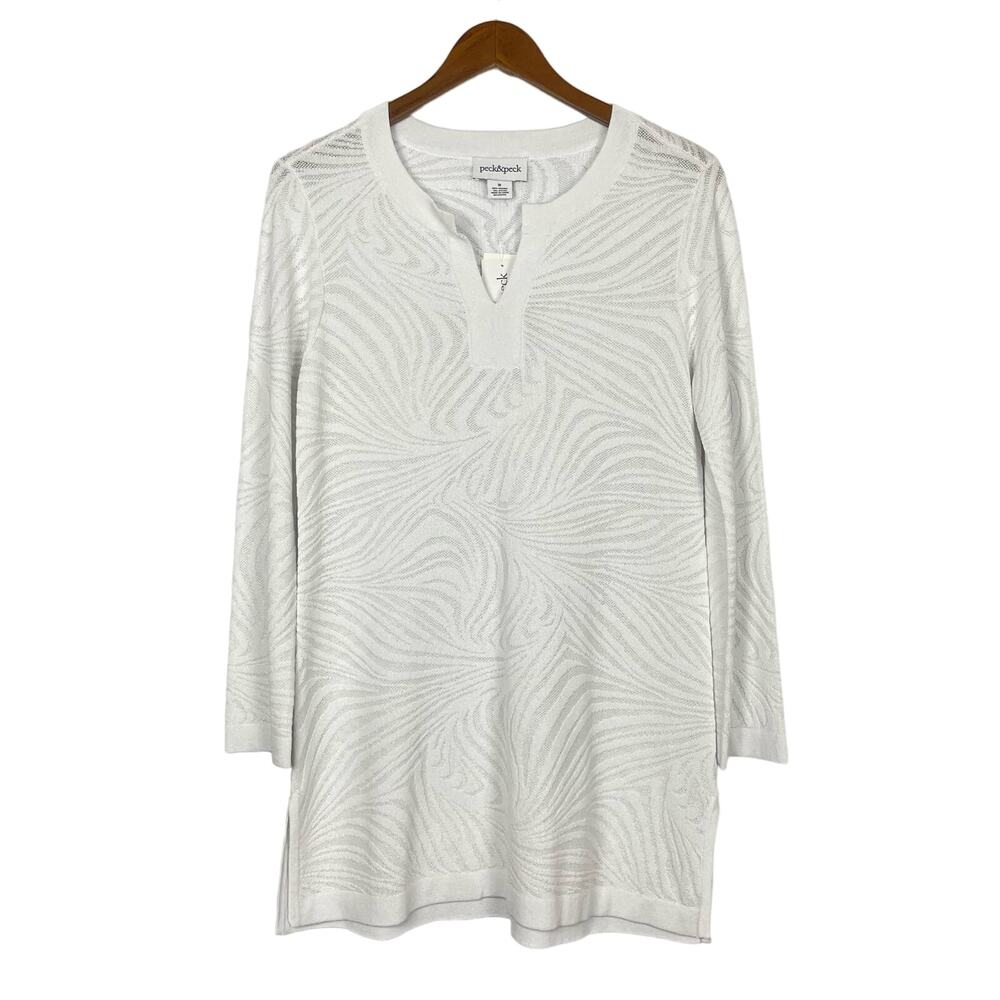 Peck & Peck | NWT Falling Leaves White Textured Burnout Semi Sheer V-neck Tunic